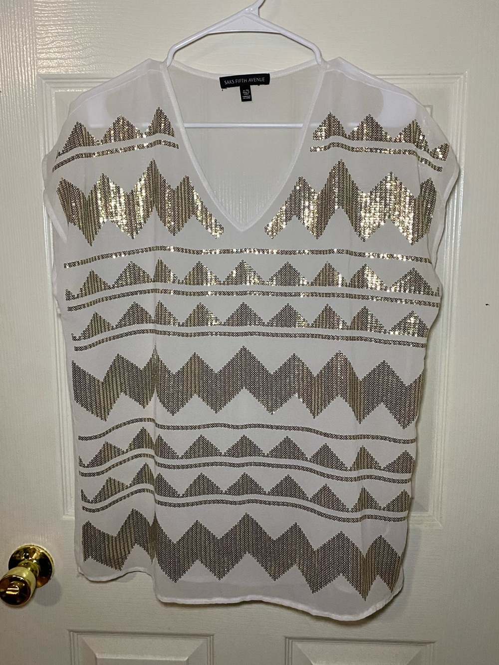 Saks Fifth Avenue White Sheer Blouse with Gold Sequin Chevron Stripes